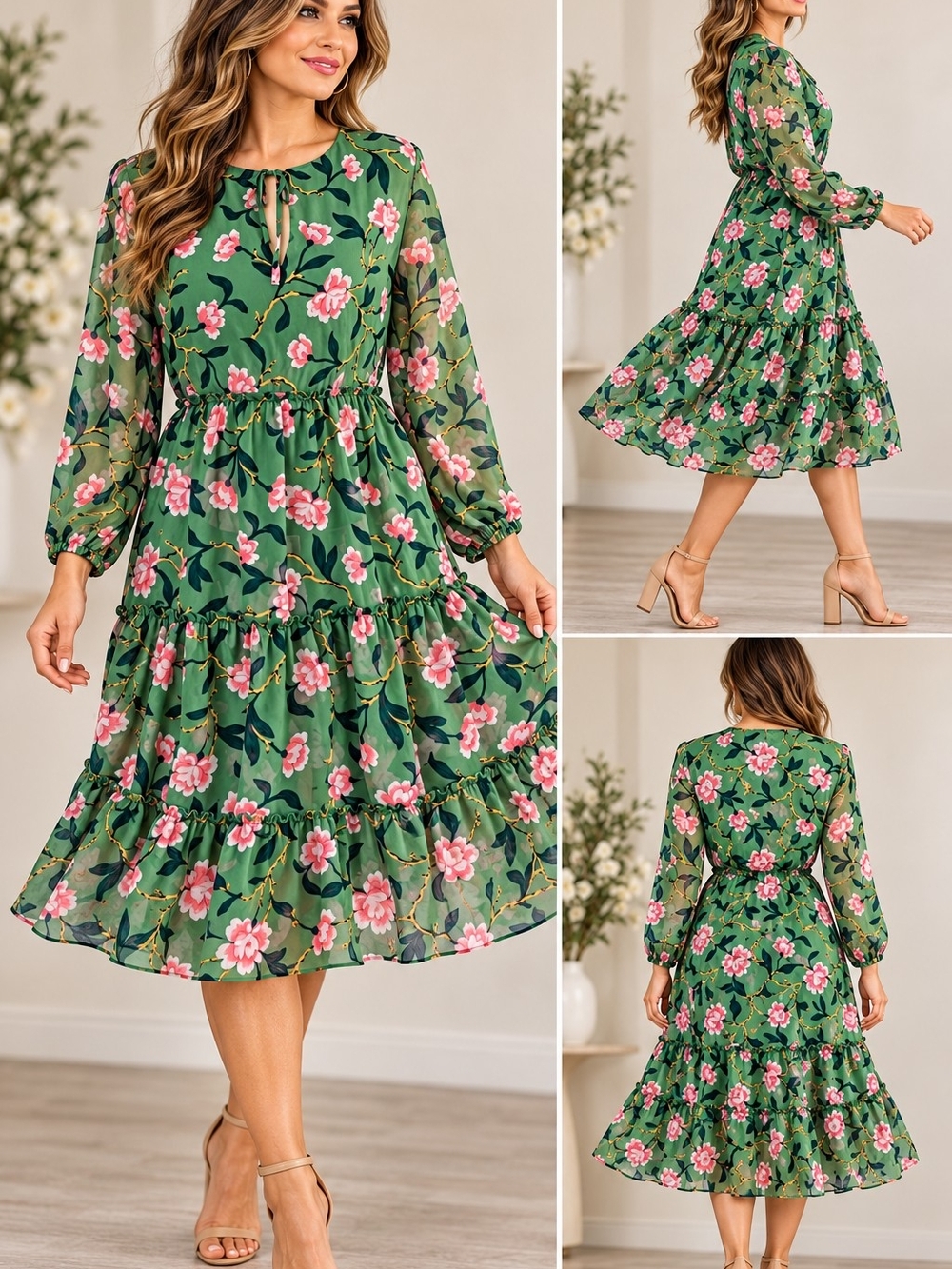 ANN TAYLOR FLORAL CHIFFON RUFFLE MIDI DRESS SZ 14